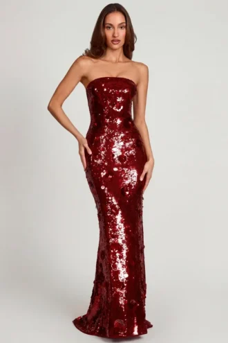 Vestido largo bandeau con adornos 3D de Nottola en rojo