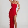 Vestido largo bandeau con volantes de Nevali en rojo