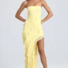 Vestido largo bandeau con volantes Nevali en color sorbete de limón