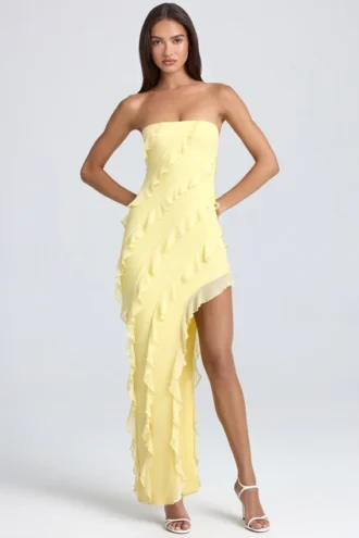 Vestido largo bandeau con volantes Nevali en color sorbete de limón