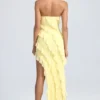 Vestido largo bandeau con volantes Nevali en color sorbete de limón