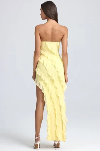 Vestido largo bandeau con volantes Nevali en color sorbete de limón