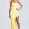 Vestido largo bandeau con volantes Nevali en color sorbete de limón