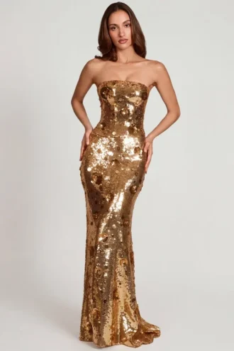 Vestido largo bandeau Nottola con adornos 3D en dorado