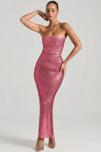 Vestido largo bandeau sin tirantes con adornos Amaya en color sandía