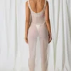 Vestido largo con aberturas y detalles de perlas Pacifica en blanco perla