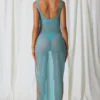 Vestido largo con aberturas y detalles de perlas Pacifica en turquesa