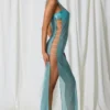 Vestido largo con aberturas y detalles de perlas Pacifica en turquesa