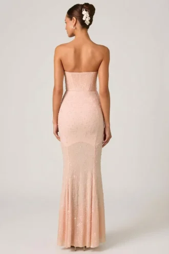 Vestido largo con cola de pez y escote corazón adornado Vesna en rosa empolvado