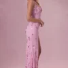 Vestido largo con corsé y adornos Primara en rosa algodón de azúcar