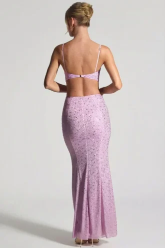 Vestido largo con corte de cola de pez y adornos Lucienne en rosa peonía