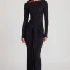 Vestido largo con cuello barco y fruncido de jersey suave Mericia en negro