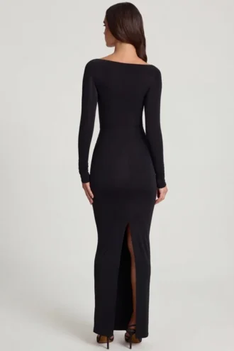 Vestido largo con cuello barco y fruncido de jersey suave Mericia en negro