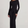 Vestido largo con cuello barco y fruncido de jersey suave Mericia en negro