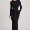 Vestido largo con cuello barco y fruncido de jersey suave Mericia en negro