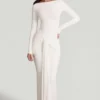 Vestido largo con cuello barco y fruncido en jersey suave Mericia en blanco