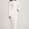 Vestido largo con cuello barco y fruncido en jersey suave Mericia en blanco