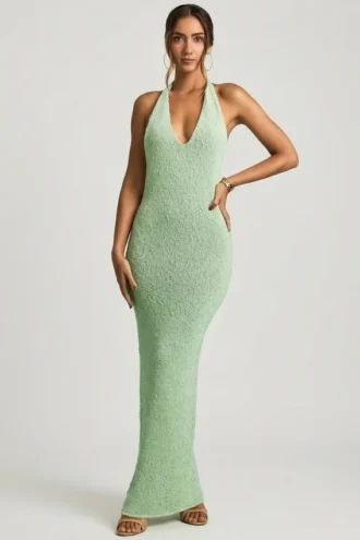 Vestido largo con cuello halter de bouclé Mirri en color menta