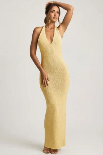 Vestido largo con cuello halter Mirri Bouclé en amarillo