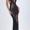 Vestido largo con cuello halter y aberturas decoradas Joella en negro