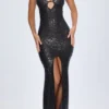 Vestido largo con cuello halter y aberturas decoradas Joella en negro