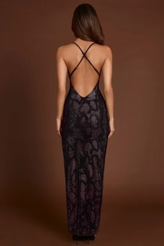Vestido largo con cuello halter y adornos Luserna en serpiente morada