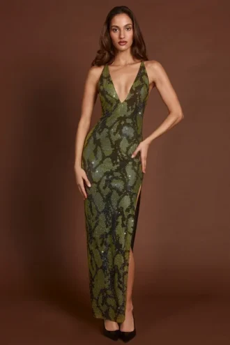 Vestido largo con cuello halter y adornos Luserna en verde serpiente