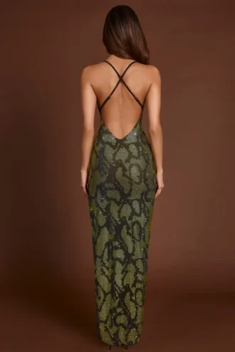 Vestido largo con cuello halter y adornos Luserna en verde serpiente