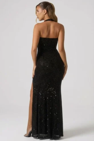 Vestido largo con cuello halter y adornos Sansel en negro