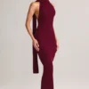Vestido largo con cuello halter y detalle de bufanda de punto acanalado Dree en color vino