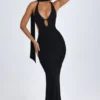 Vestido largo con cuello halter y detalle de pañuelo Anneka en negro