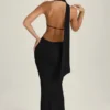 Vestido largo con cuello halter y detalle de pañuelo Anneka en negro