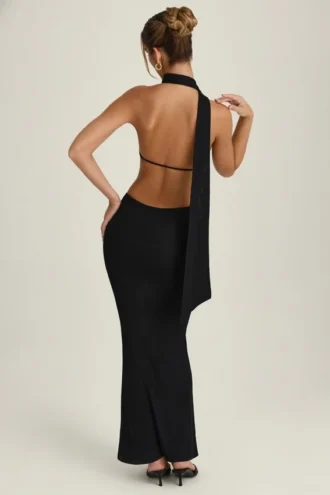 Vestido largo con cuello halter y detalle de pañuelo Anneka en negro