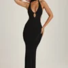 Vestido largo con cuello halter y detalle de pañuelo Anneka en negro