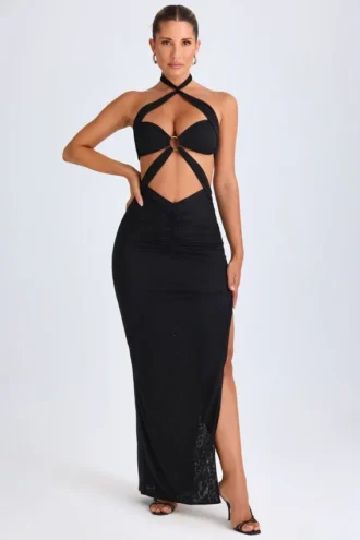 Vestido largo con cuello halter y detalles de herrajes Bethania en negro