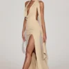 Vestido largo con cuello halter y escote pronunciado de jersey suave Navina en color champán