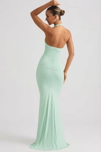 Vestido largo con cuello halter y espalda descubierta fruncida Laverna en color menta