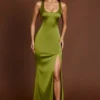 Vestido largo con cuello redondo y lazo en la espalda de Vittoria en verde oliva