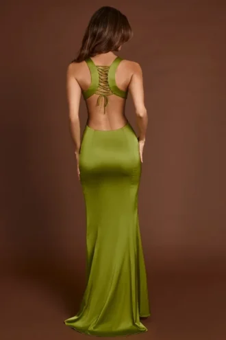 Vestido largo con cuello redondo y lazo en la espalda de Vittoria en verde oliva