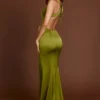 Vestido largo con cuello redondo y lazo en la espalda de Vittoria en verde oliva