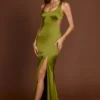 Vestido largo con cuello redondo y lazo en la espalda de Vittoria en verde oliva