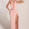 Vestido largo con cuello vuelto Teodora en rosa palo