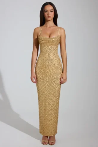 Vestido largo con cuello vuelto y adornos Constance en dorado