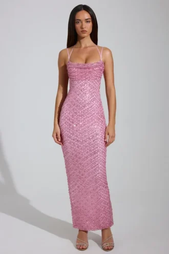 Vestido largo con cuello vuelto y adornos Constance en rosa