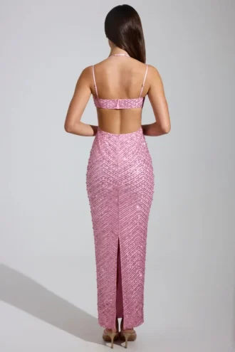 Vestido largo con cuello vuelto y adornos Constance en rosa