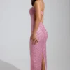 Vestido largo con cuello vuelto y adornos Constance en rosa