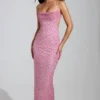 Vestido largo con cuello vuelto y adornos Constance en rosa