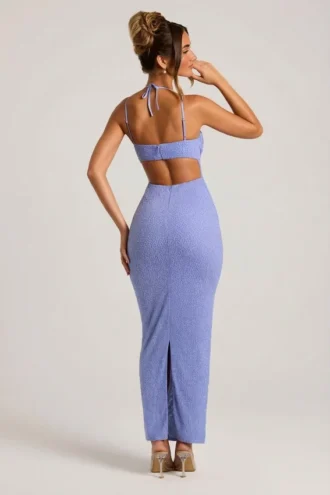 Vestido largo con cuello vuelto y adornos Monte Carlo en azul claro