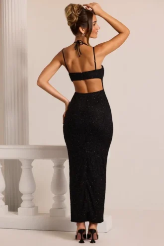 Vestido largo con cuello vuelto y adornos Monte Carlo en negro