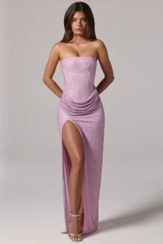 Vestido largo con cuello vuelto y cintura fruncida La Rochette en rosa
